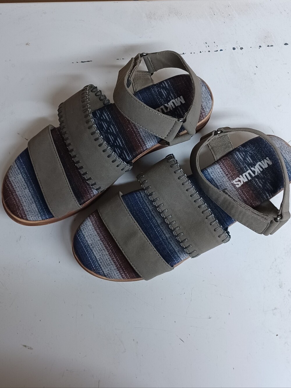 Muk Luks Grey Strappy Sandals with Blue-Striped Navajo Blanket Footbed